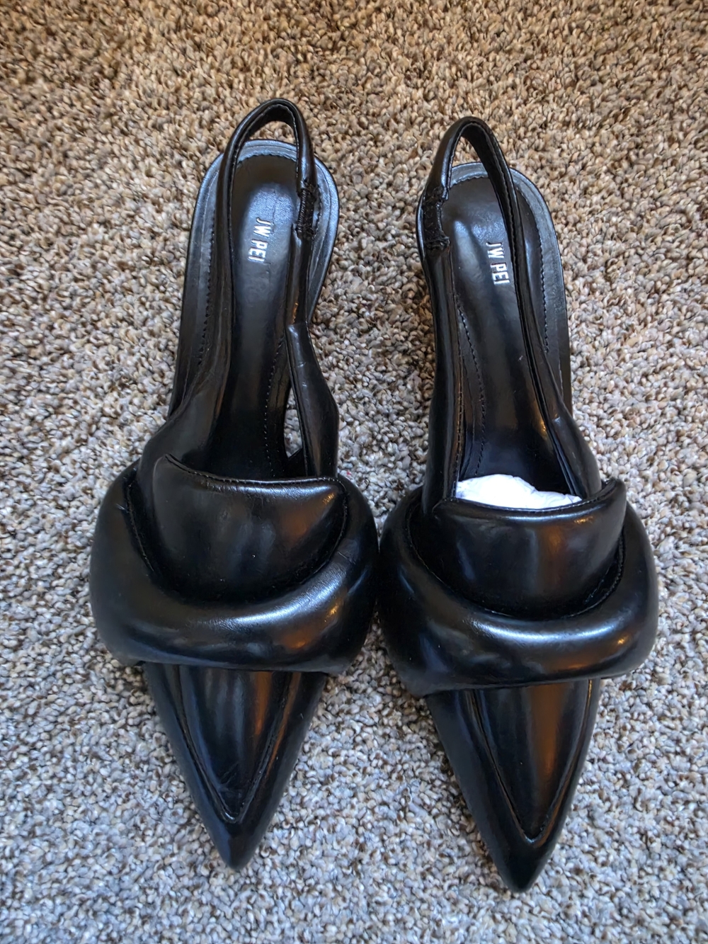 JW PEI Black Pointed Slingback Heels with Sculpted Twisted Vamp